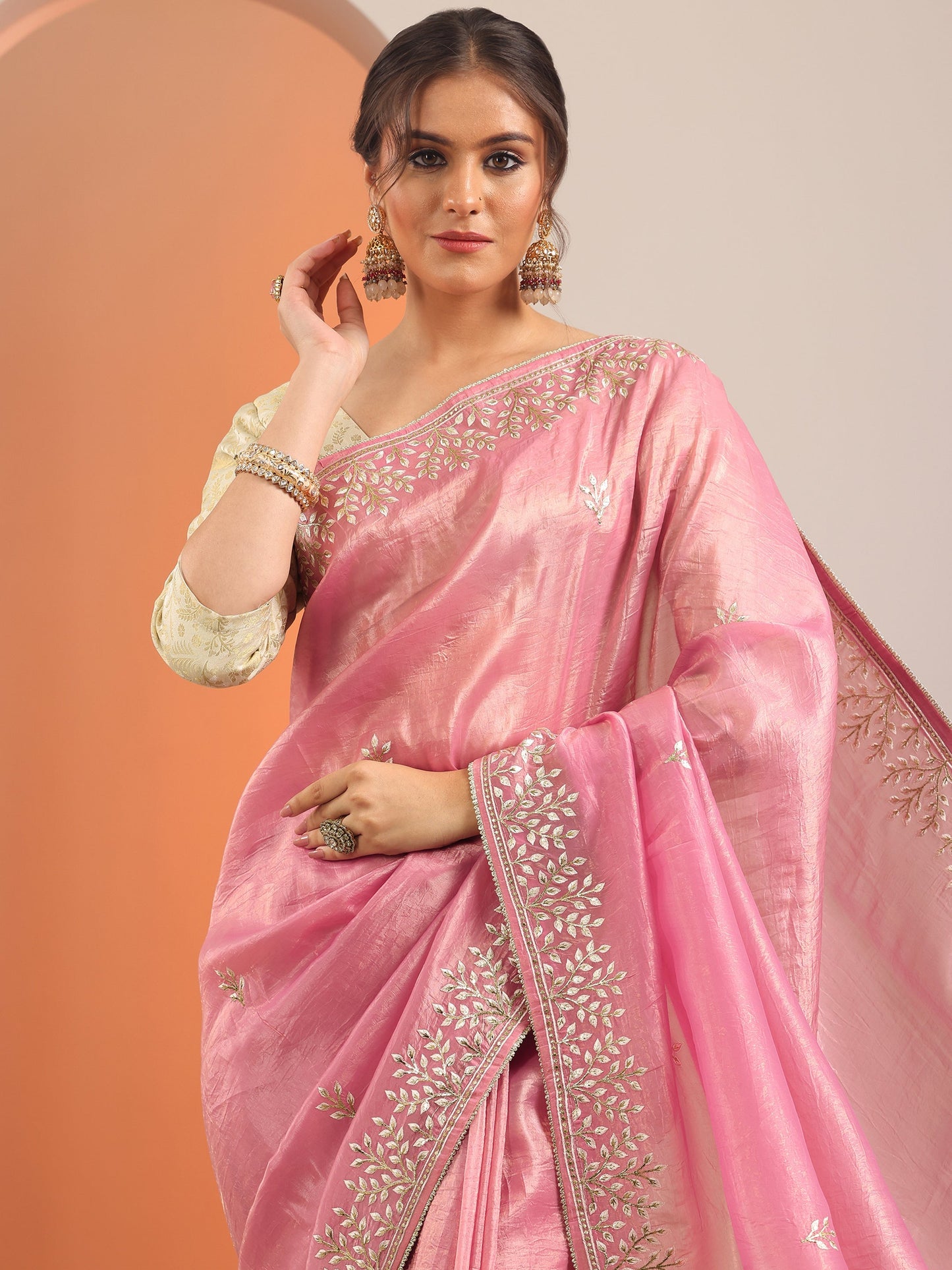Pink Embroidered Organza Saree With Unstitched Blouse Piece
