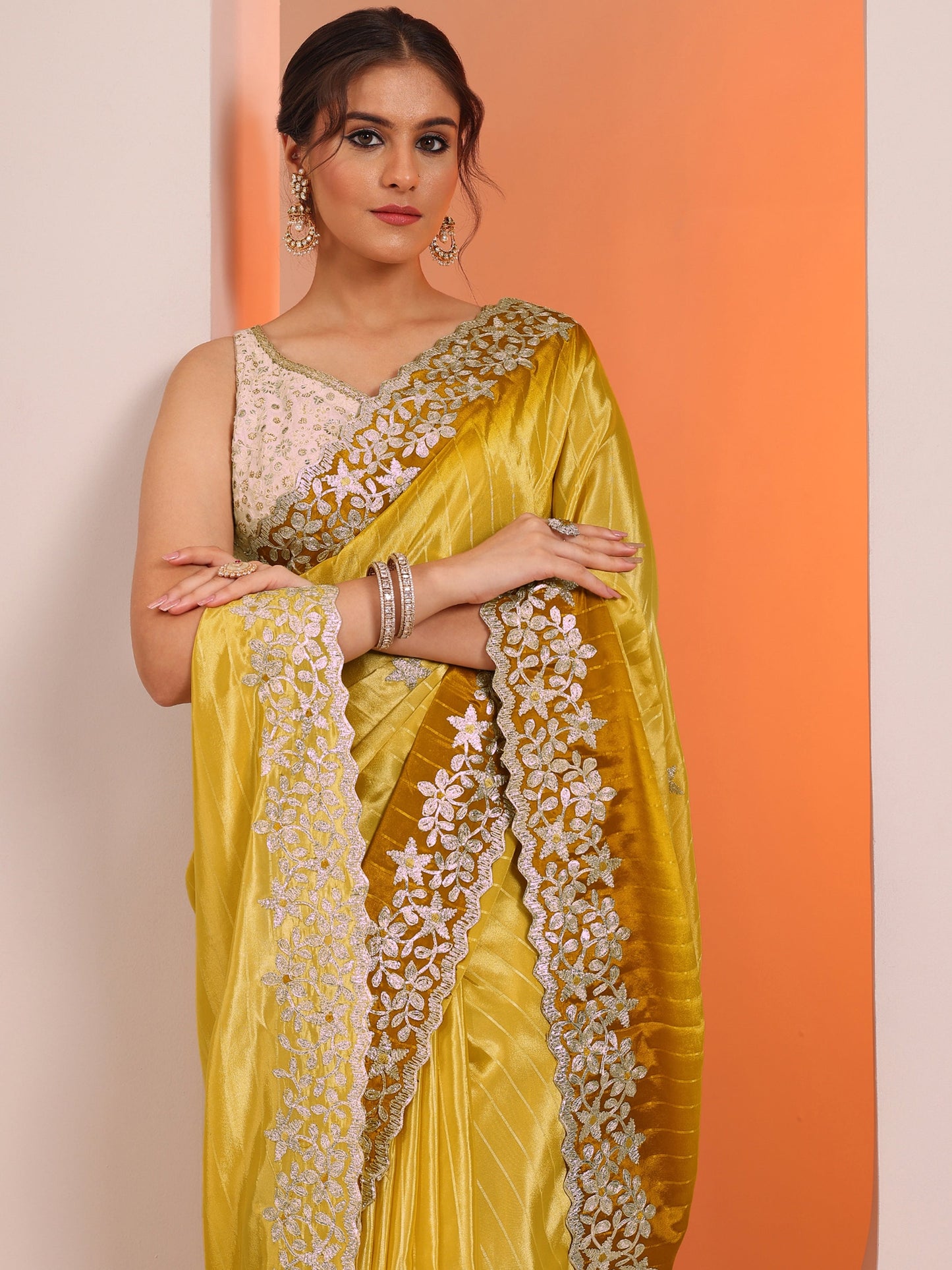 Yellow Embellished Crepe Saree With Unstitched Blouse Piece