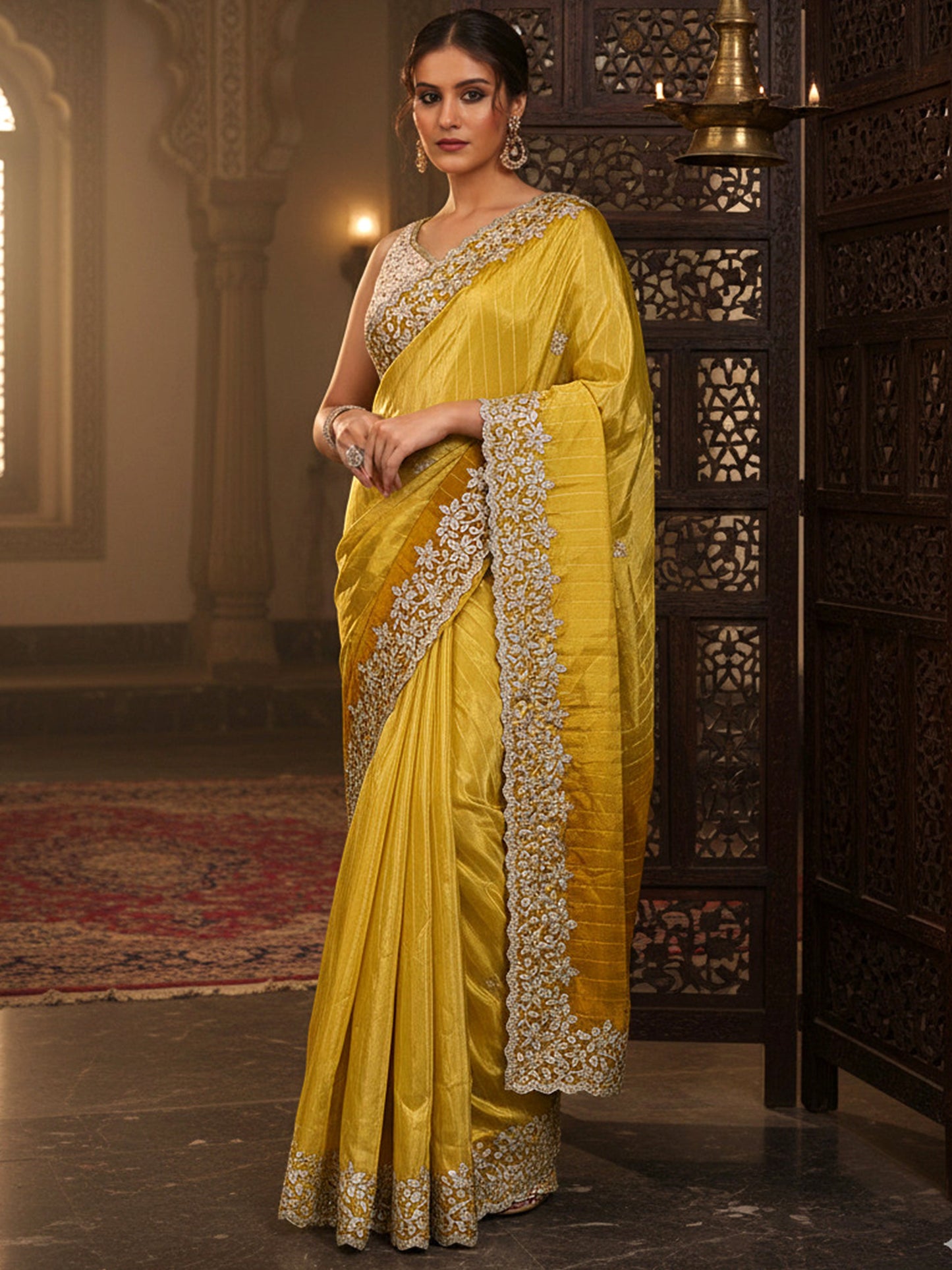 Yellow Embellished Crepe Saree With Unstitched Blouse Piece