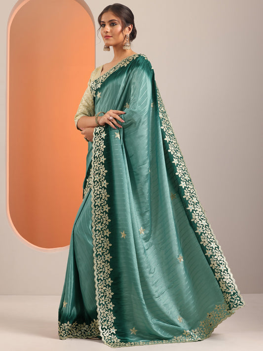 Blue Embellished Crepe Saree With Unstitched Blouse Piece