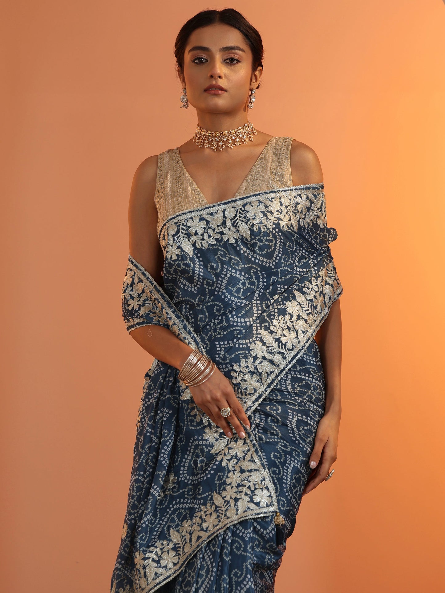 Blue Bandhani Printed Chinon Saree With Unstitched Blouse Piece
