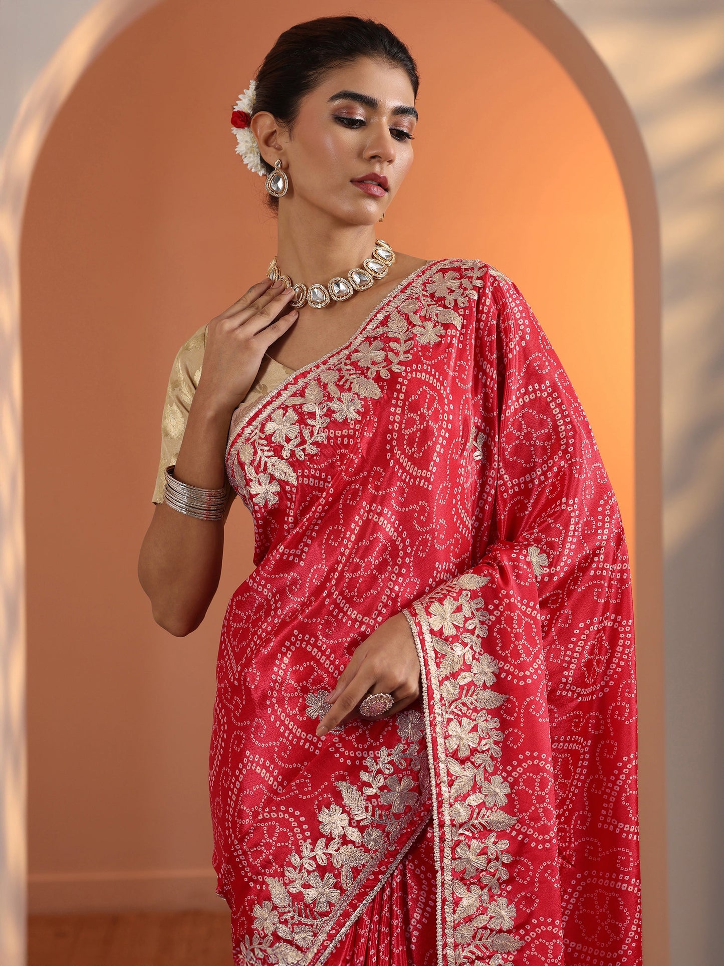Red Bandhani Printed Chinon Saree With Unstitched Blouse Piece