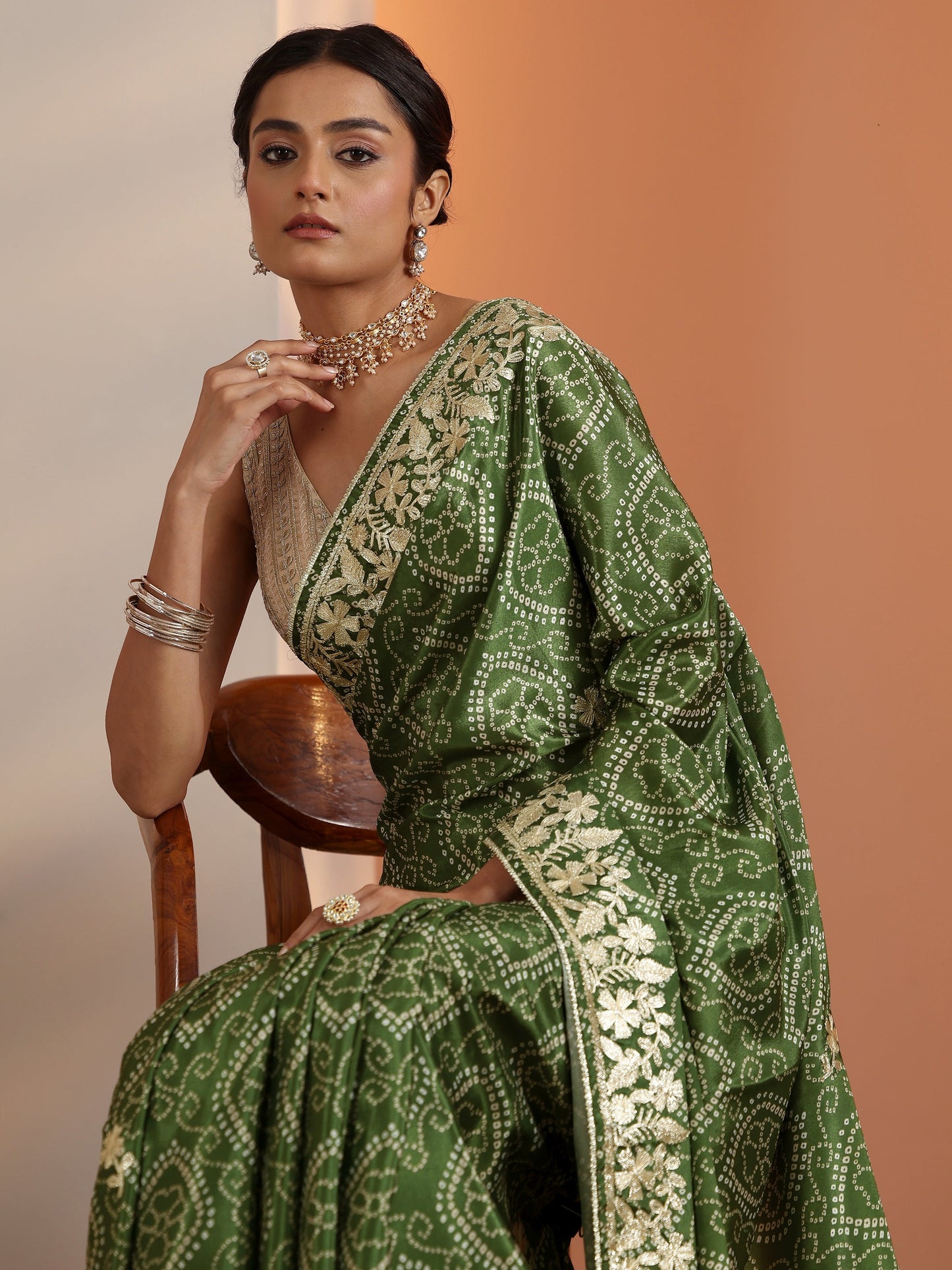 Olive Bandhani Printed Chinon Saree With Unstitched Blouse Piece