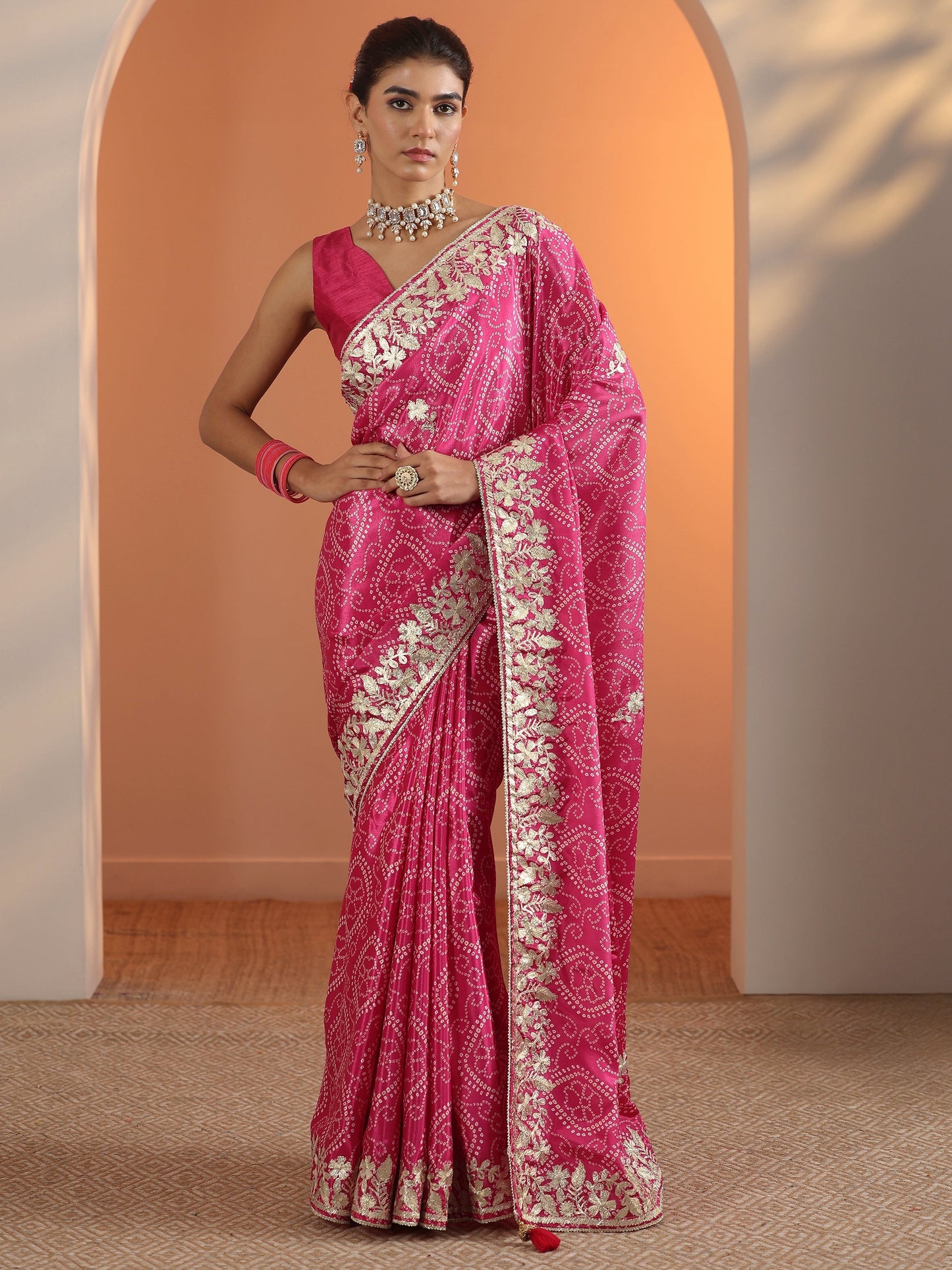 Pink Bandhani Printed Chinon Saree With Unstitched Blouse Piece