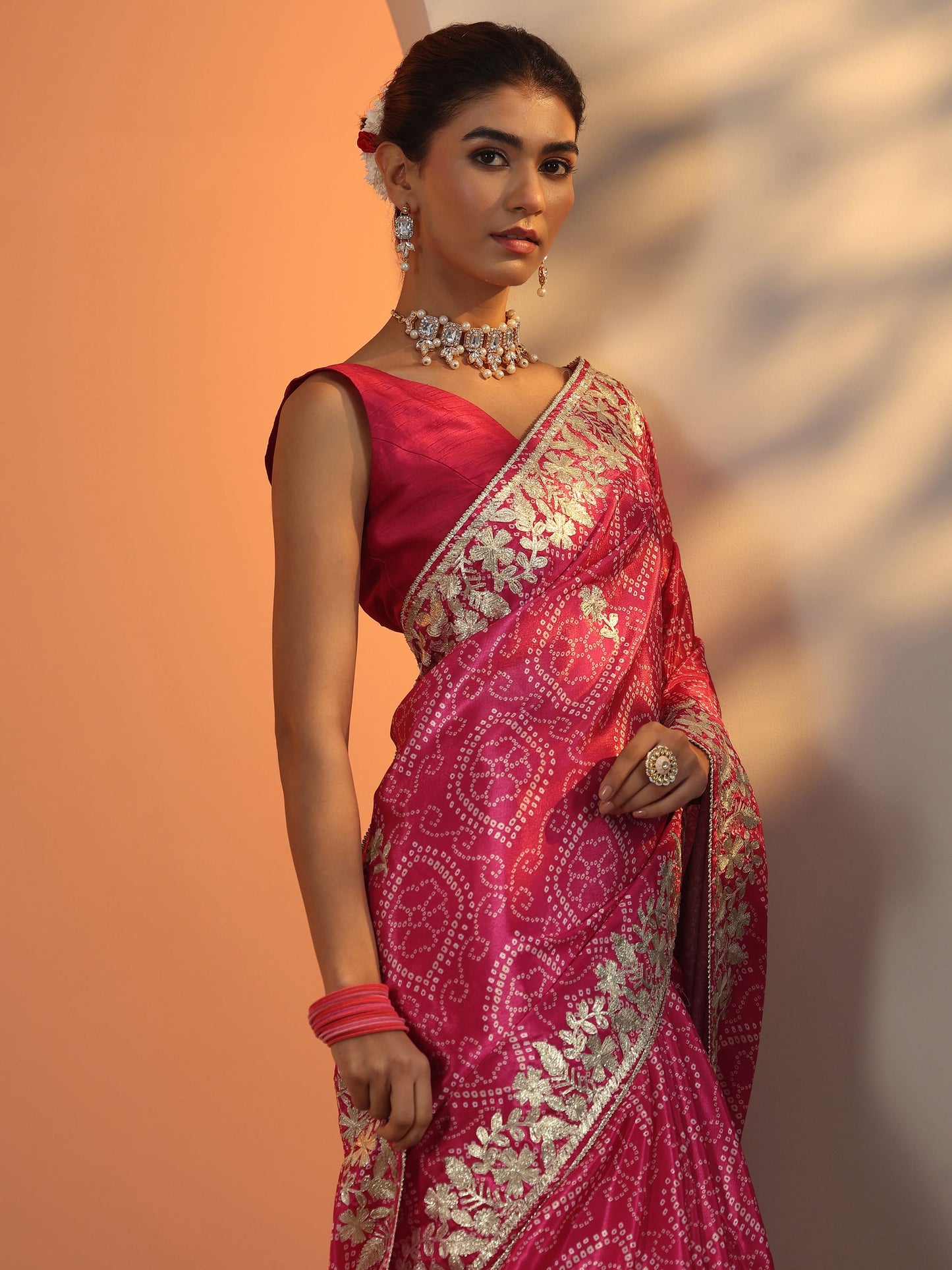 Pink Bandhani Printed Chinon Saree With Unstitched Blouse Piece