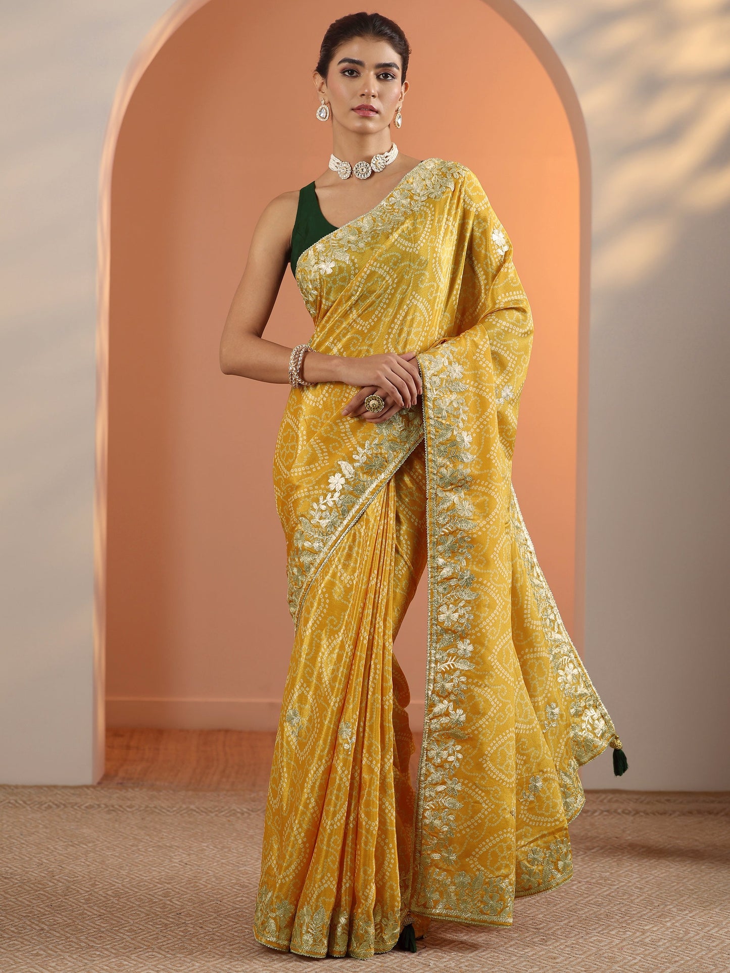 Yellow Bandhani Printed Chinon Saree With Unstitched Blouse Piece