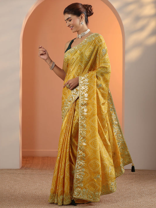 Yellow Bandhani Printed Chinon Saree With Unstitched Blouse Piece