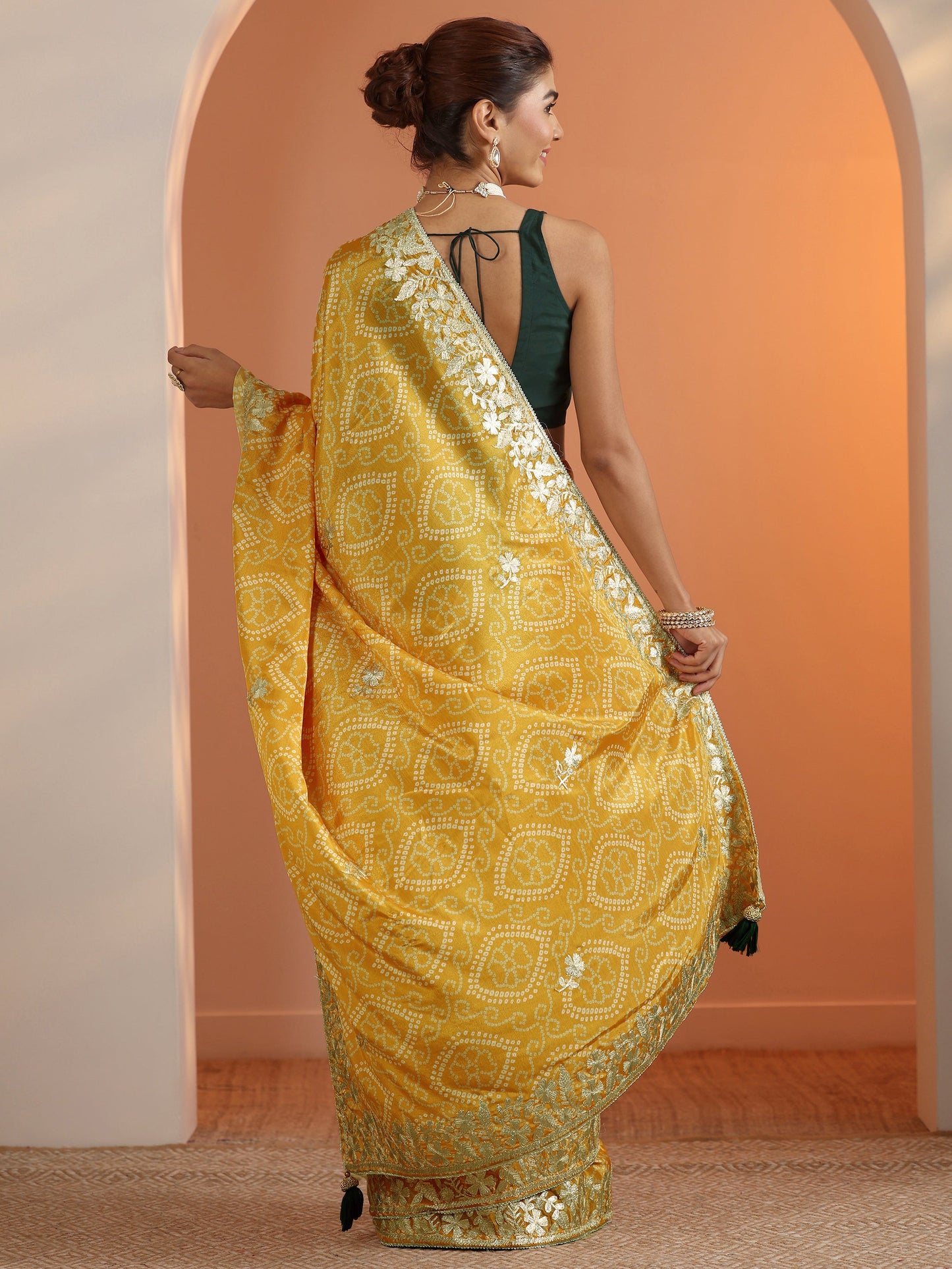 Yellow Bandhani Printed Chinon Saree With Unstitched Blouse Piece