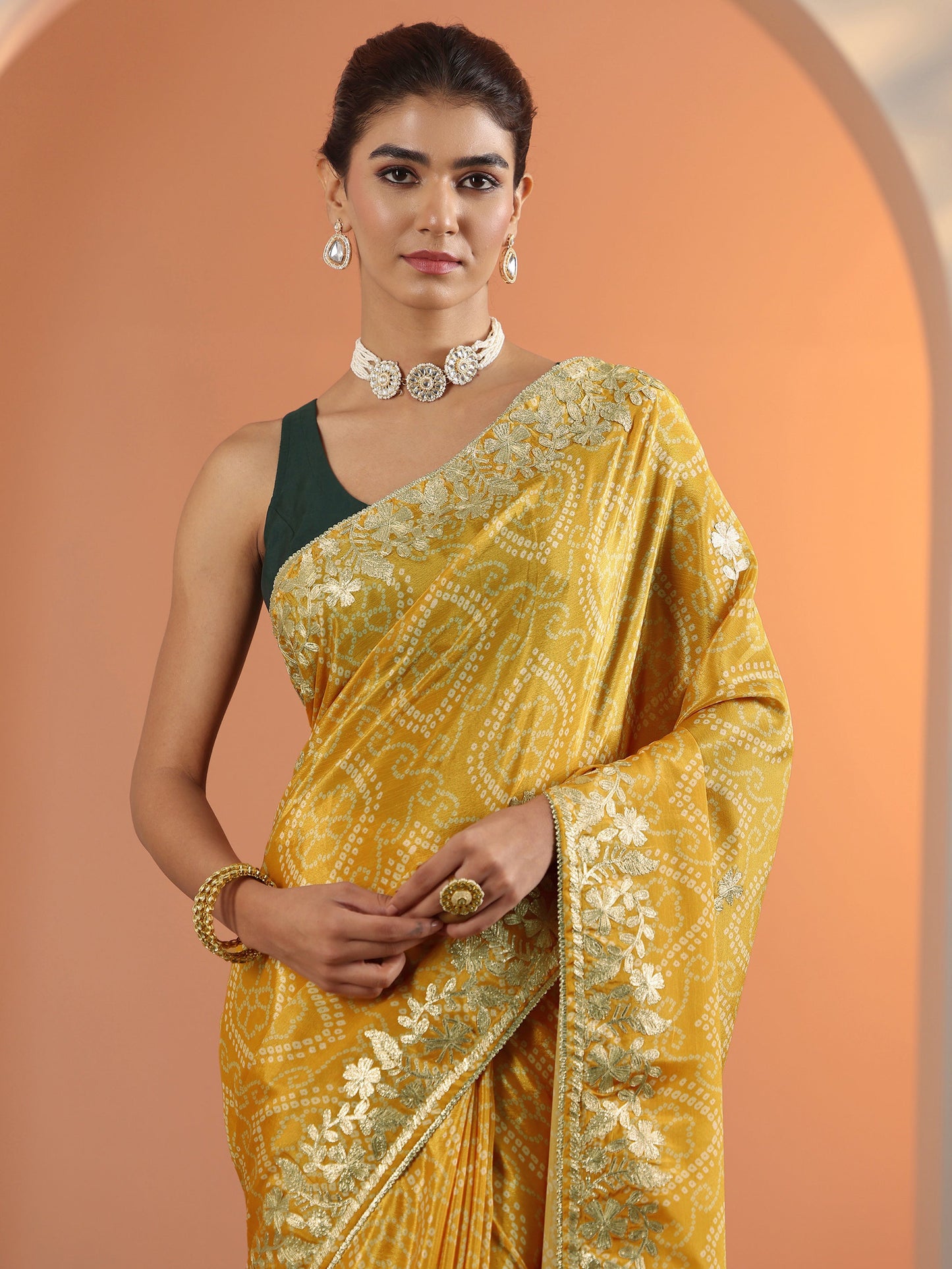 Yellow Bandhani Printed Chinon Saree With Unstitched Blouse Piece