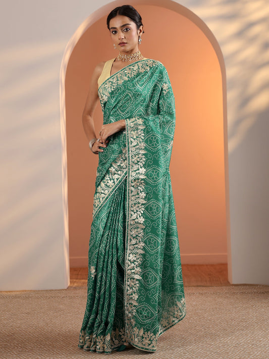Green Bandhani Printed Chinon Saree With Unstitched Blouse Piece