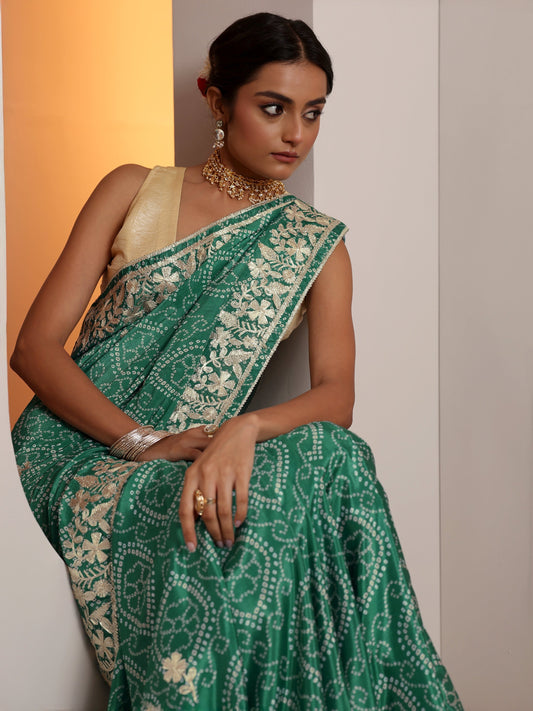 Green Bandhani Printed Chinon Saree With Unstitched Blouse Piece