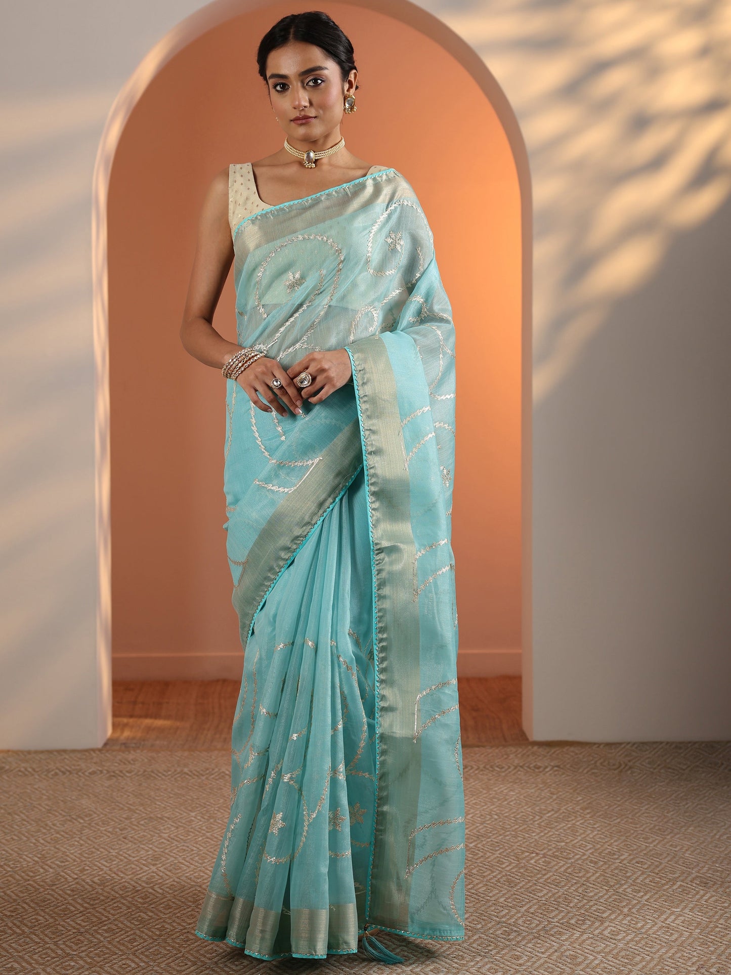 Blue Embellished Nylon Saree With Unstitched Blouse Piece