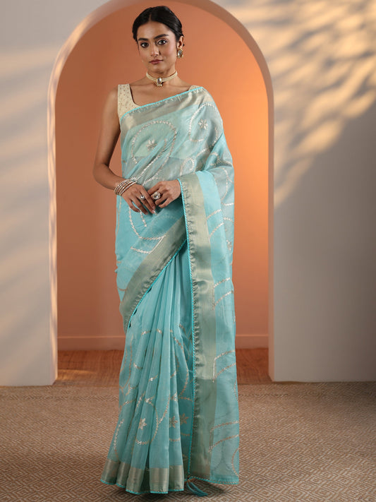 Blue Embellished Nylon Saree With Unstitched Blouse Piece