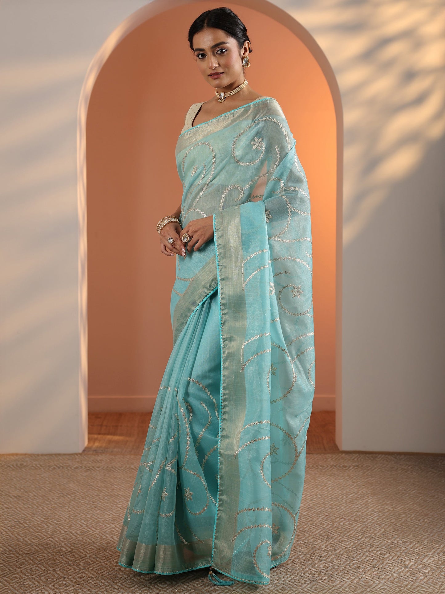 Blue Embellished Nylon Saree With Unstitched Blouse Piece