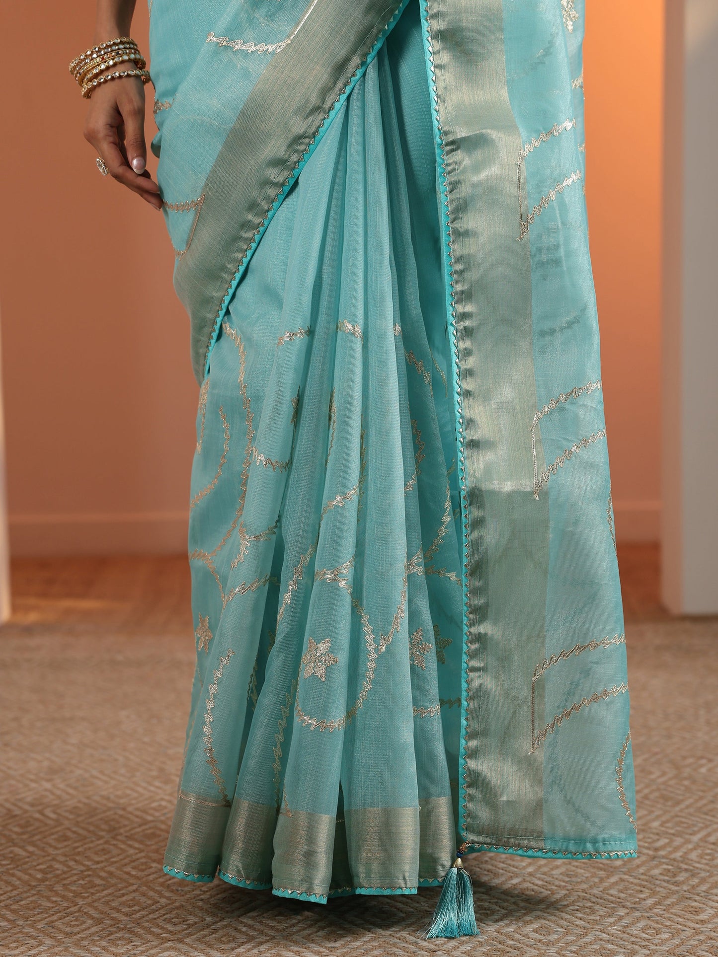 Blue Embellished Nylon Saree With Unstitched Blouse Piece