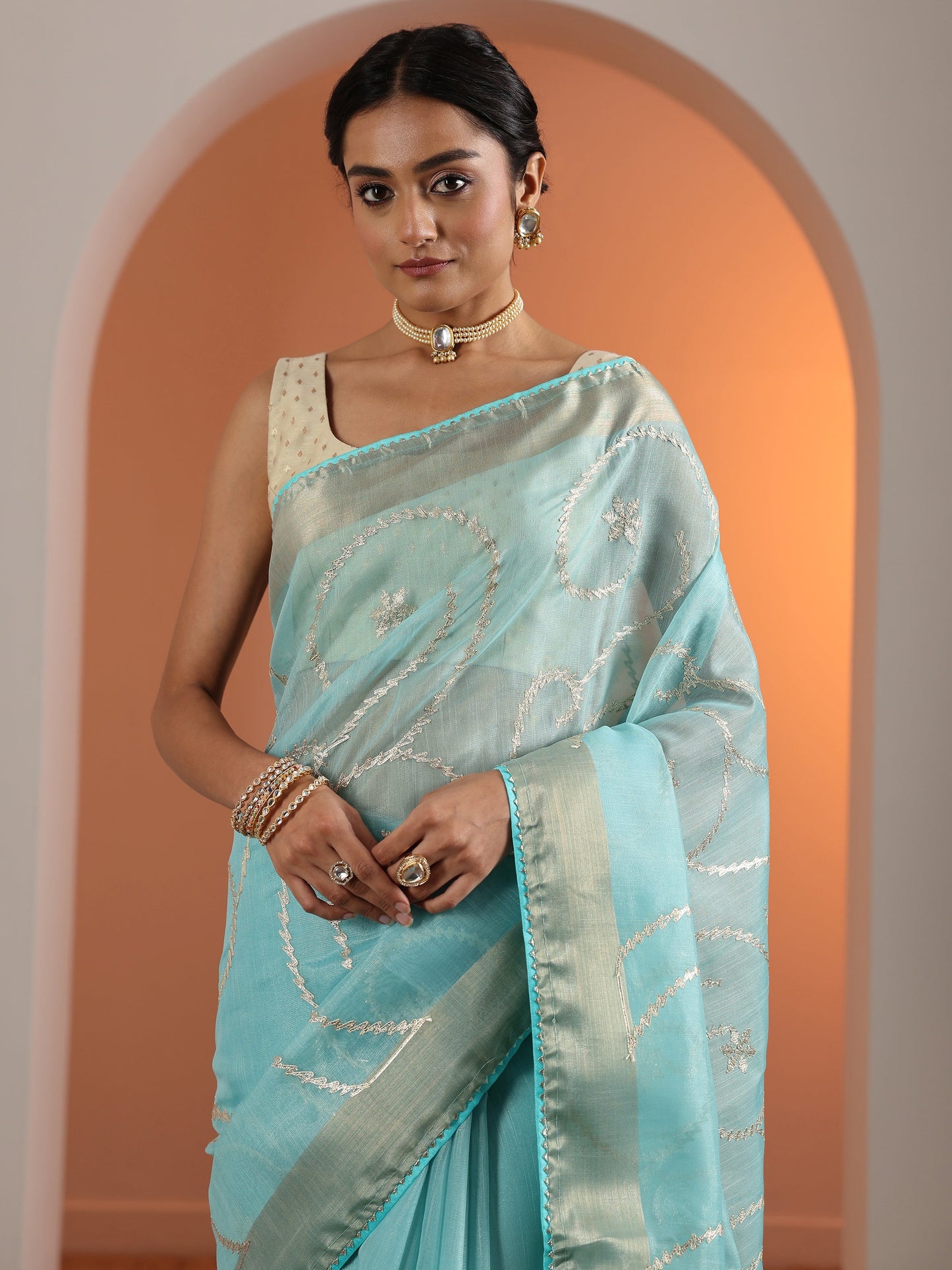 Blue Embellished Nylon Saree With Unstitched Blouse Piece