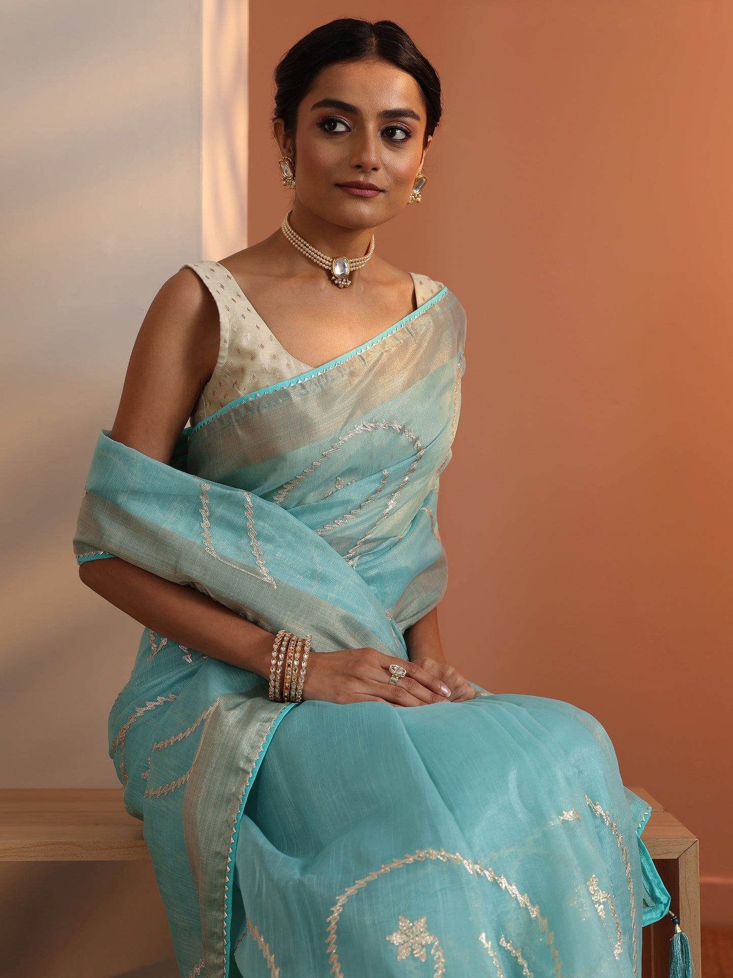 Blue Embellished Nylon Saree With Unstitched Blouse Piece