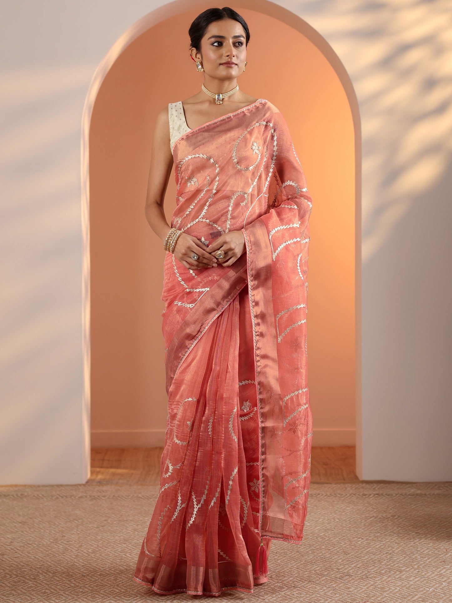 Peach Embellished Nylon Saree With Unstitched Blouse Piece