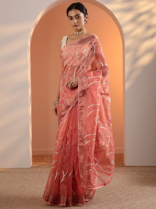 Peach Embellished Nylon Saree With Unstitched Blouse Piece