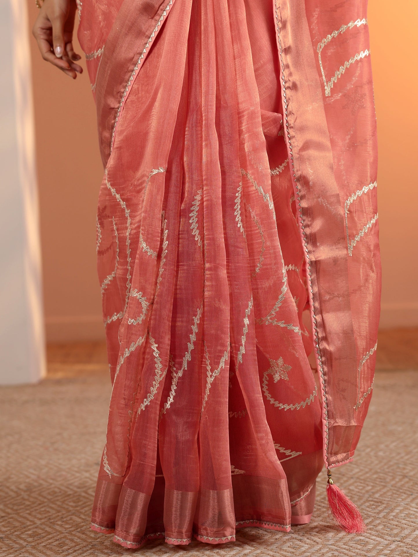 Peach Embellished Nylon Saree With Unstitched Blouse Piece
