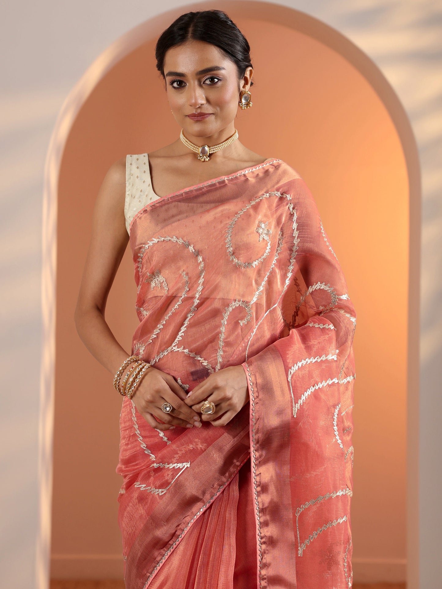 Peach Embellished Nylon Saree With Unstitched Blouse Piece