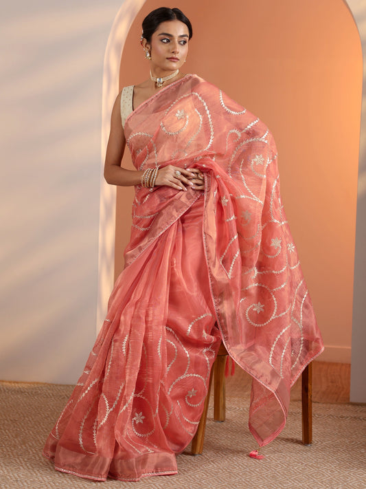 Peach Embellished Nylon Saree With Unstitched Blouse Piece