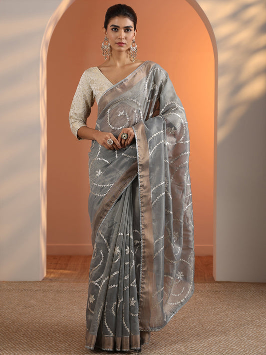 Grey Embellished Nylon Saree With Unstitched Blouse Piece