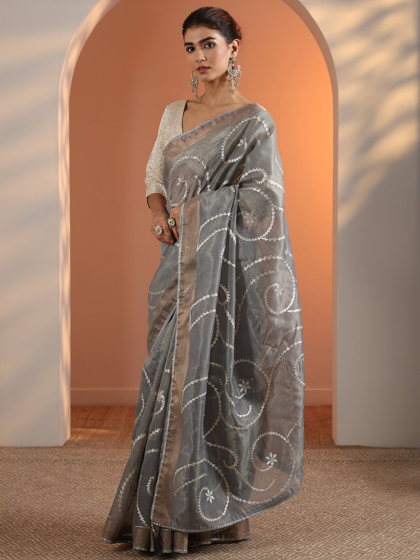 Grey Embellished Nylon Saree With Unstitched Blouse Piece