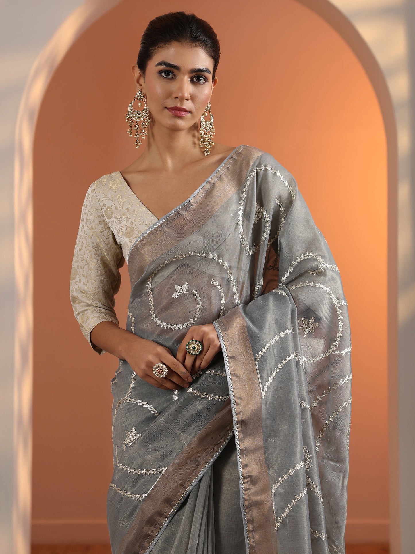Grey Embellished Nylon Saree With Unstitched Blouse Piece