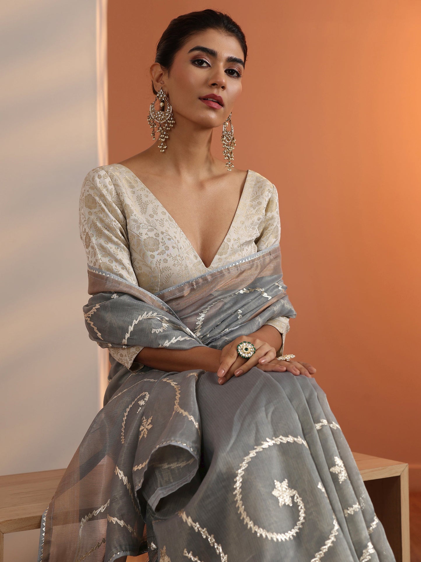 Grey Embellished Nylon Saree With Unstitched Blouse Piece
