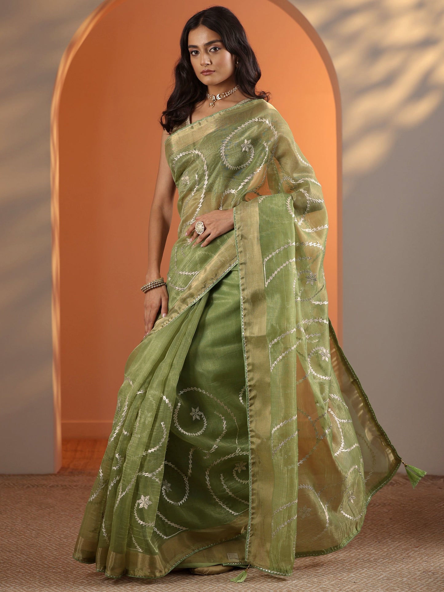 Green Embellished Nylon Saree With Unstitched Blouse Piece
