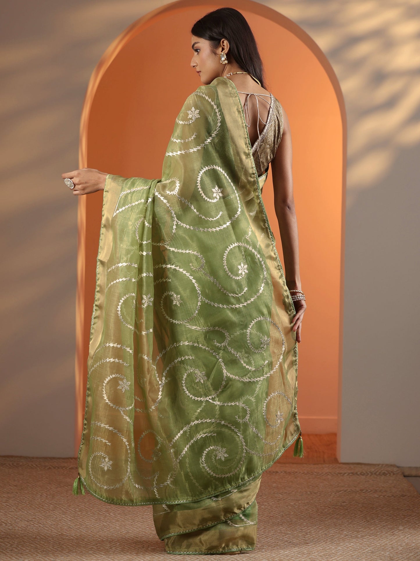 Green Embellished Nylon Saree With Unstitched Blouse Piece
