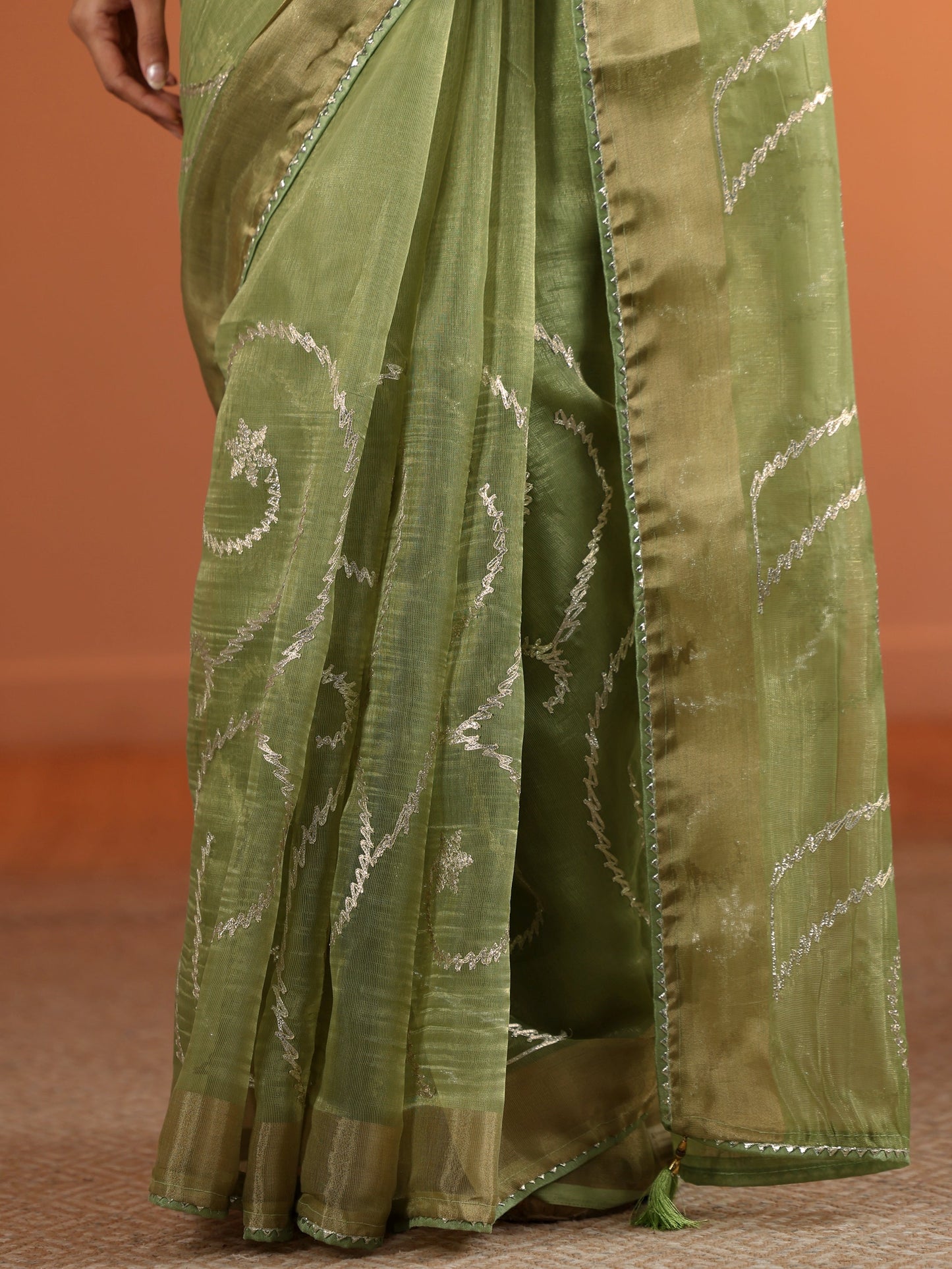 Green Embellished Nylon Saree With Unstitched Blouse Piece
