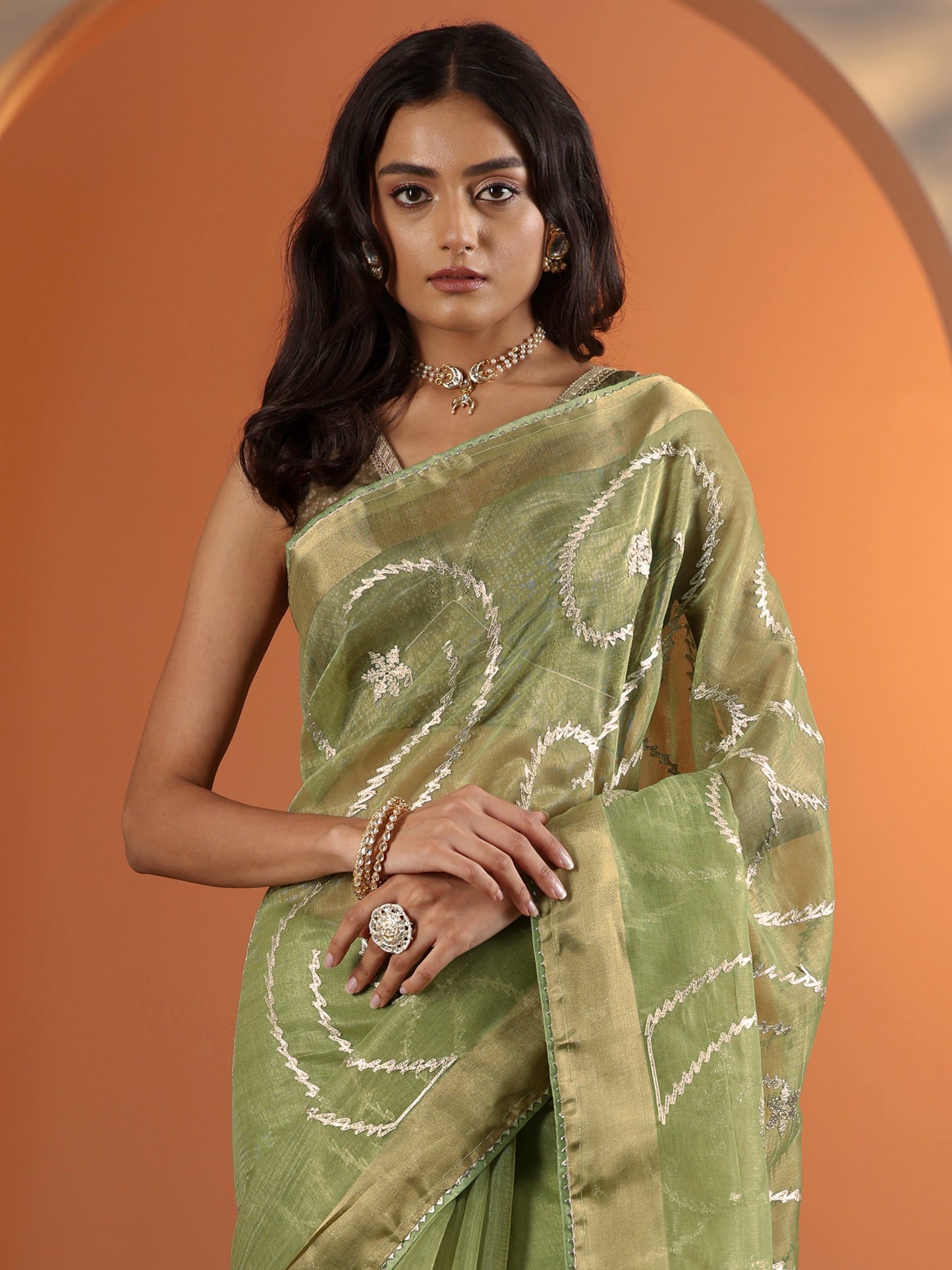 Green Embellished Nylon Saree With Unstitched Blouse Piece