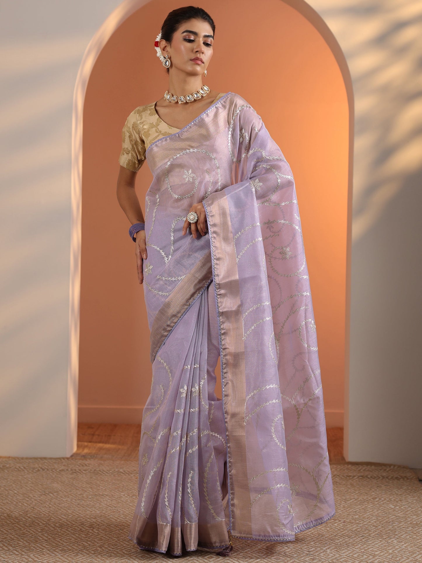 Lavender Embellished Nylon Saree With Unstitched Blouse Piece
