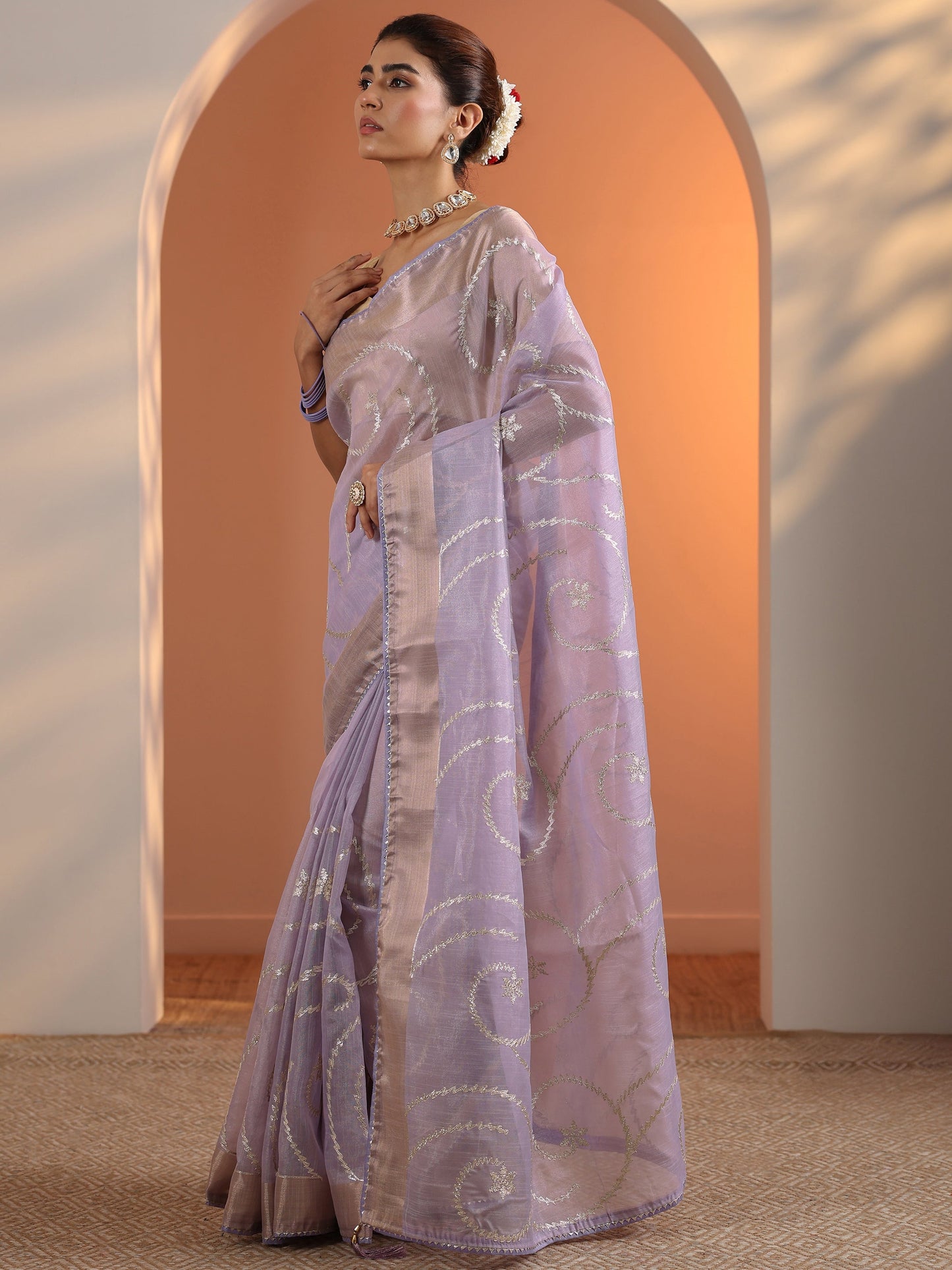Lavender Embellished Nylon Saree With Unstitched Blouse Piece