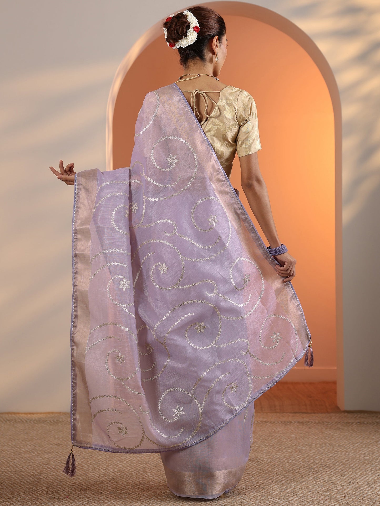 Lavender Embellished Nylon Saree With Unstitched Blouse Piece