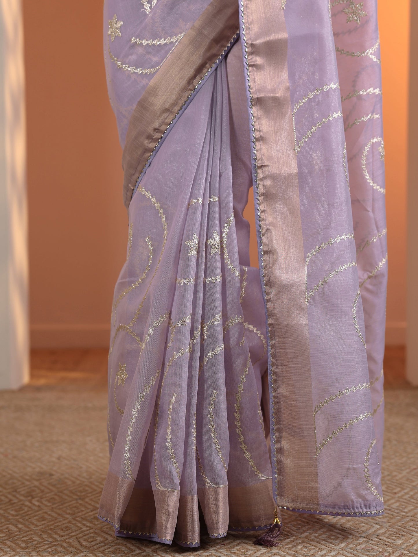 Lavender Embellished Nylon Saree With Unstitched Blouse Piece