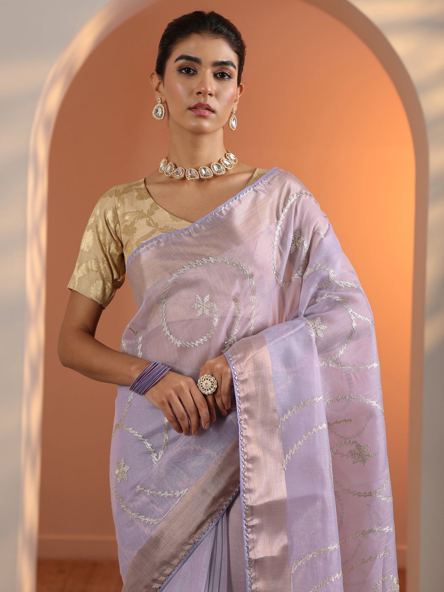 Lavender Embellished Nylon Saree With Unstitched Blouse Piece
