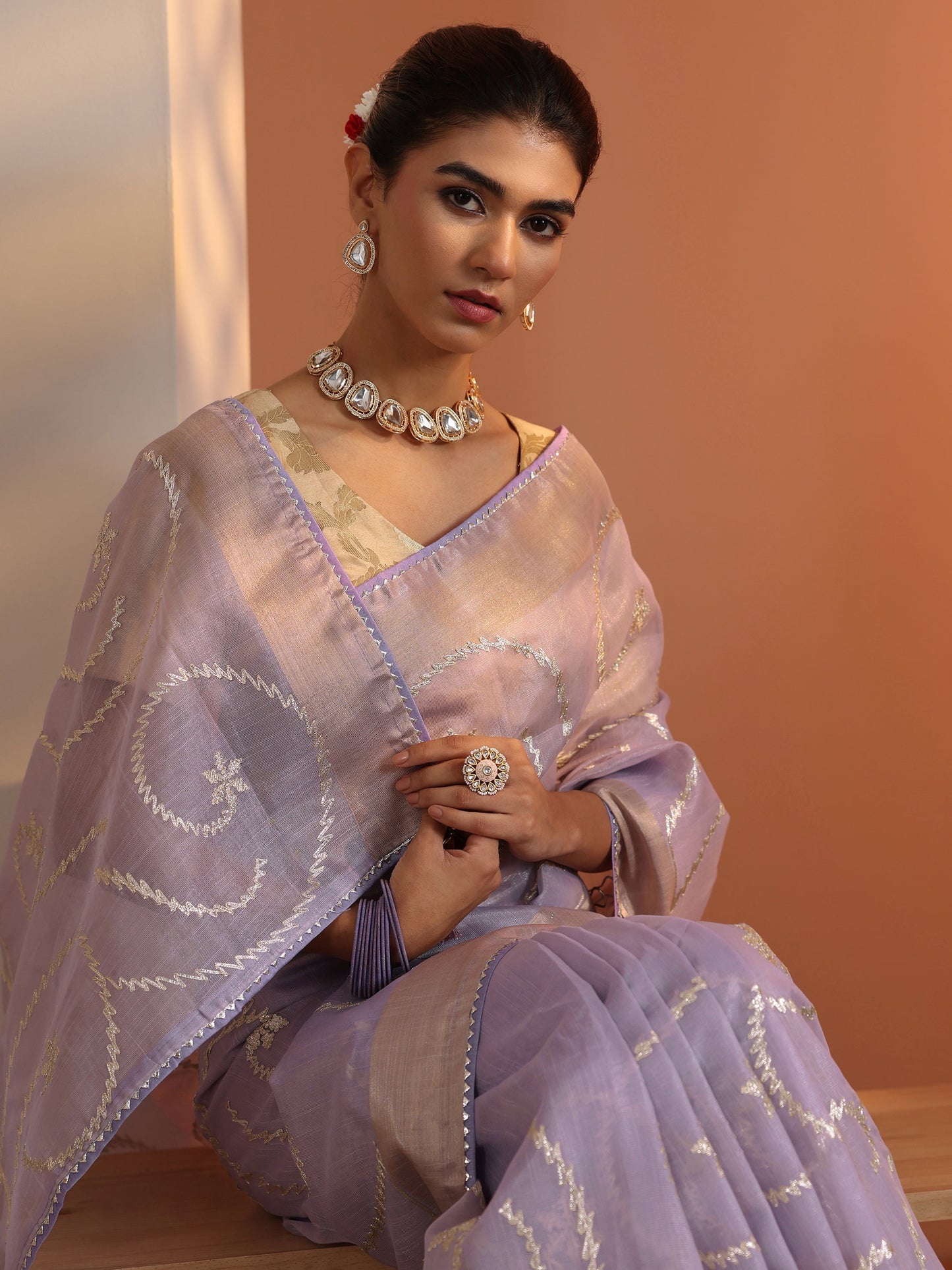 Lavender Embellished Nylon Saree With Unstitched Blouse Piece