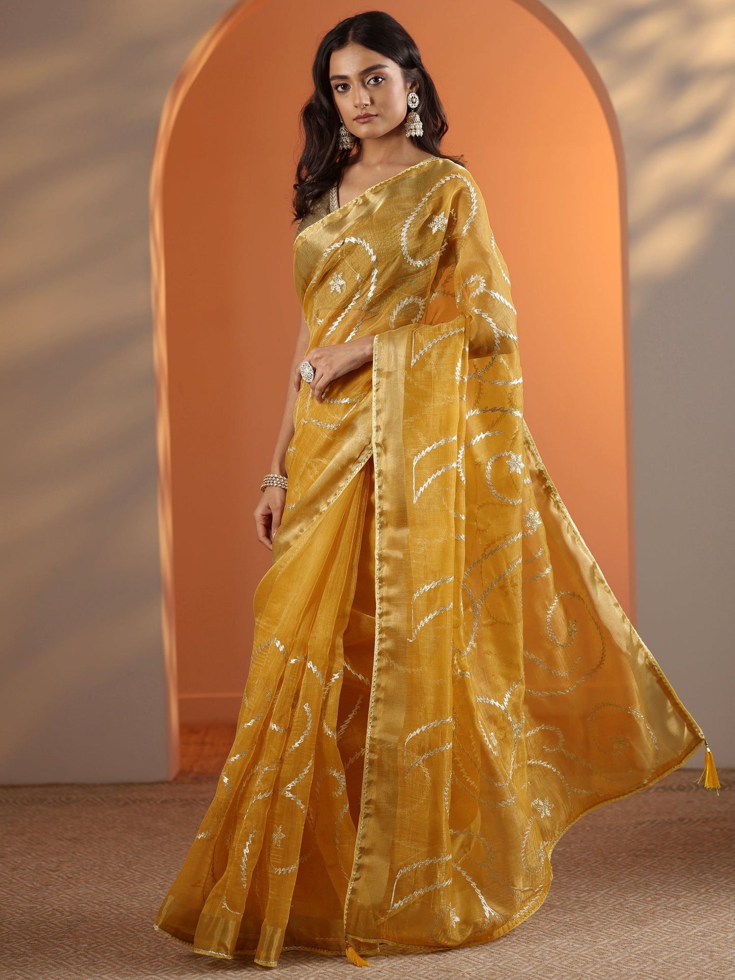 Yellow Embellished Nylon Saree With Unstitched Blouse Piece