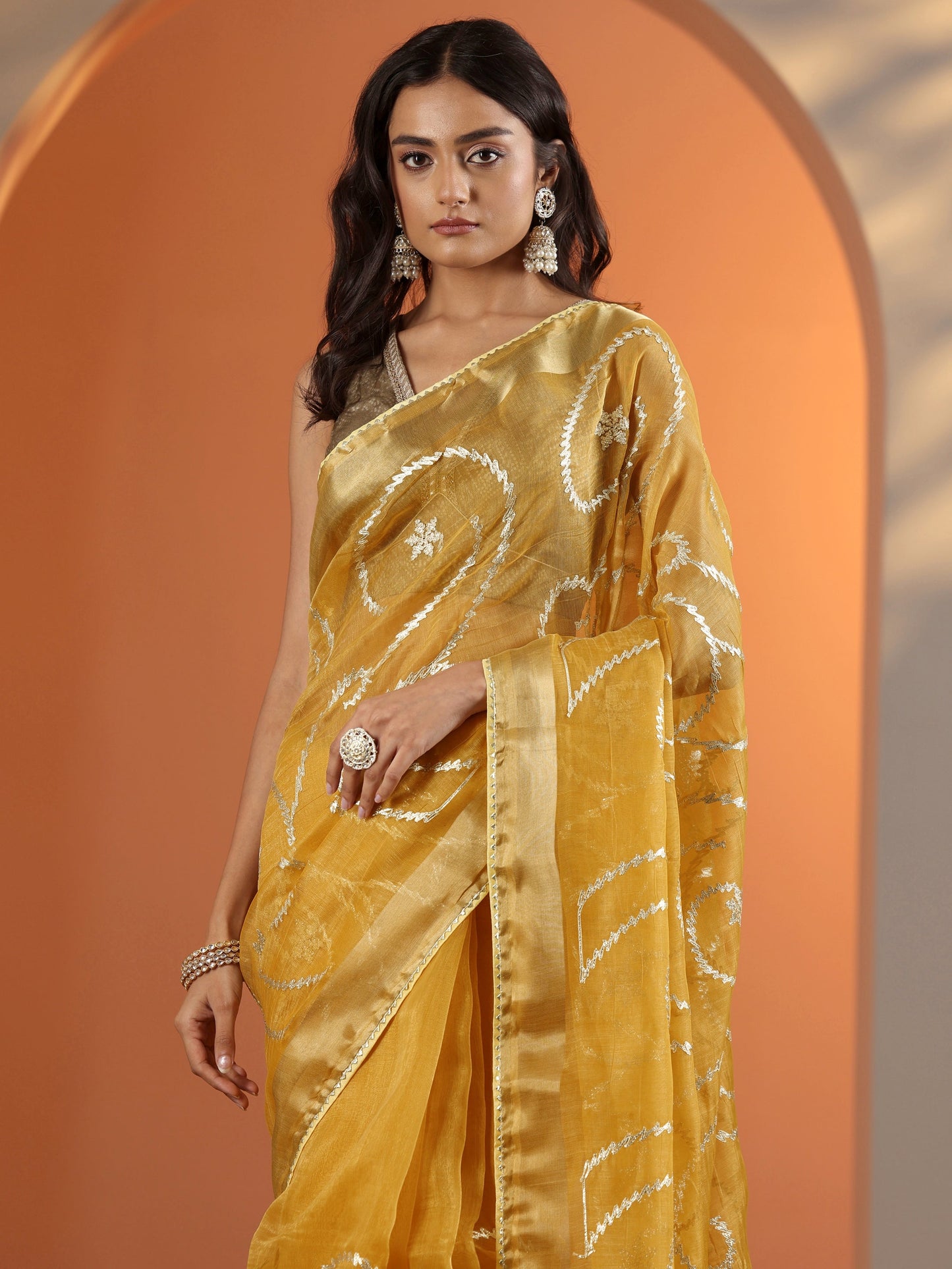Yellow Embellished Nylon Saree With Unstitched Blouse Piece