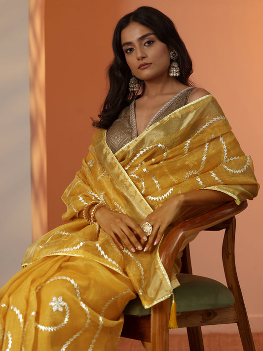 Yellow Embellished Nylon Saree With Unstitched Blouse Piece