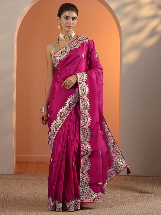 Pink Embellished Crepe Saree With Unstitched Blouse Piece
