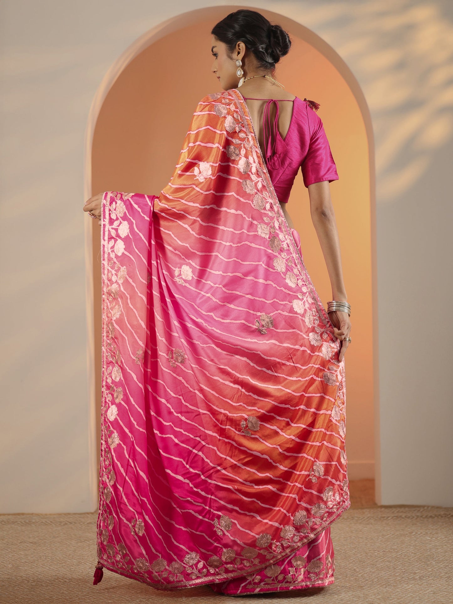 Pink Printed Chinon Saree With Unstitched Blouse Piece