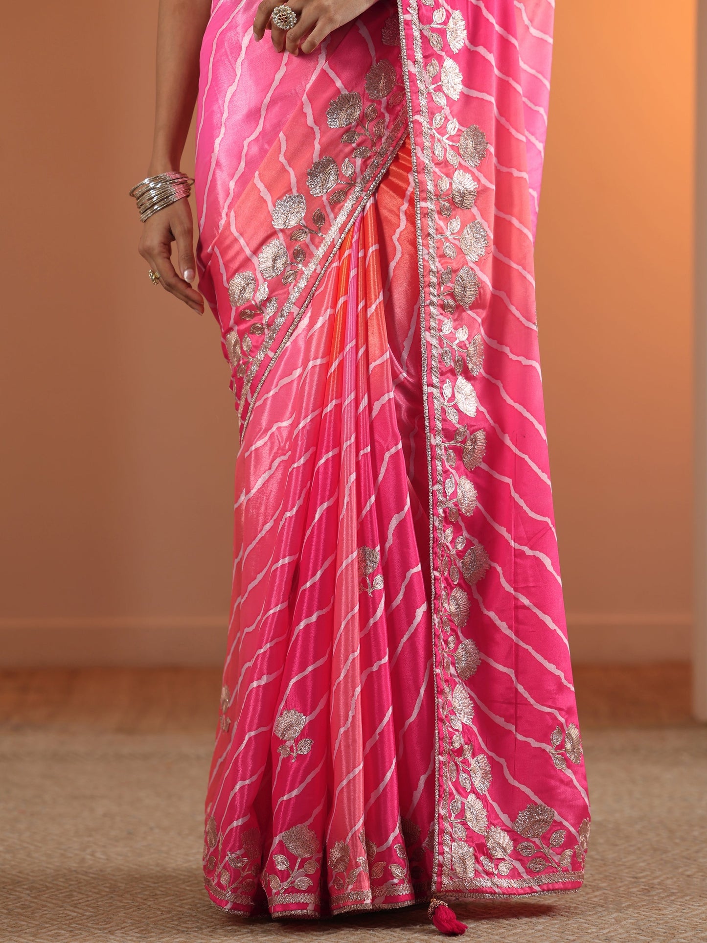 Pink Printed Chinon Saree With Unstitched Blouse Piece