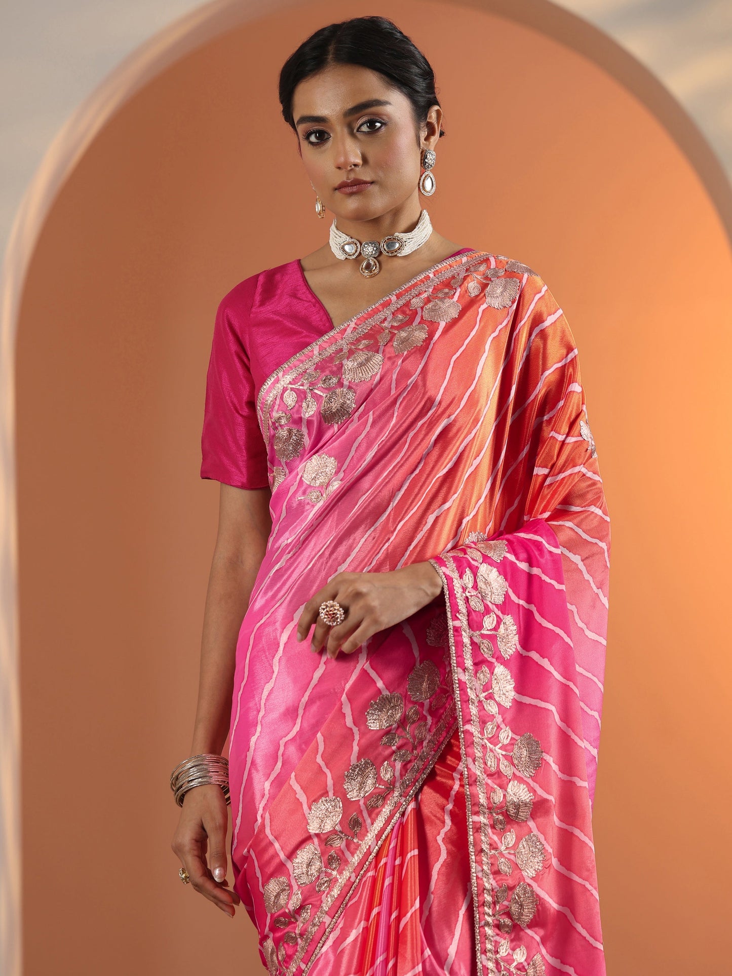 Pink Printed Chinon Saree With Unstitched Blouse Piece