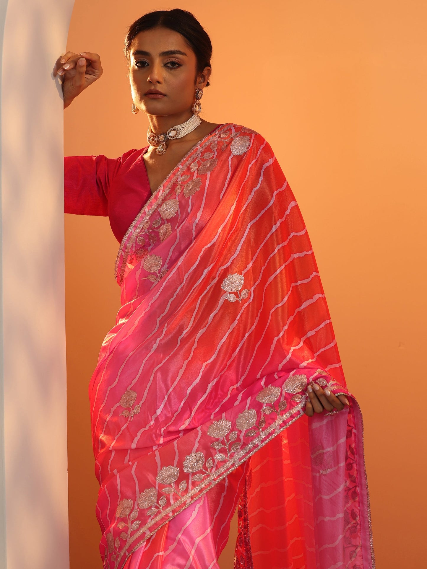 Pink Printed Chinon Saree With Unstitched Blouse Piece