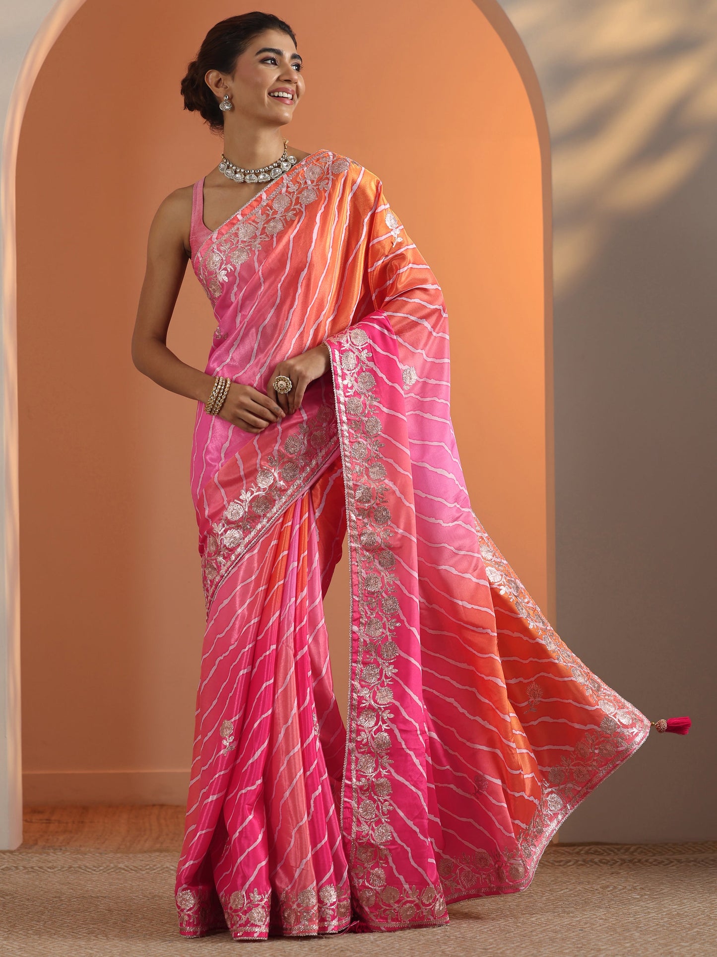 Pink Printed Chinon Saree With Unstitched Blouse Piece