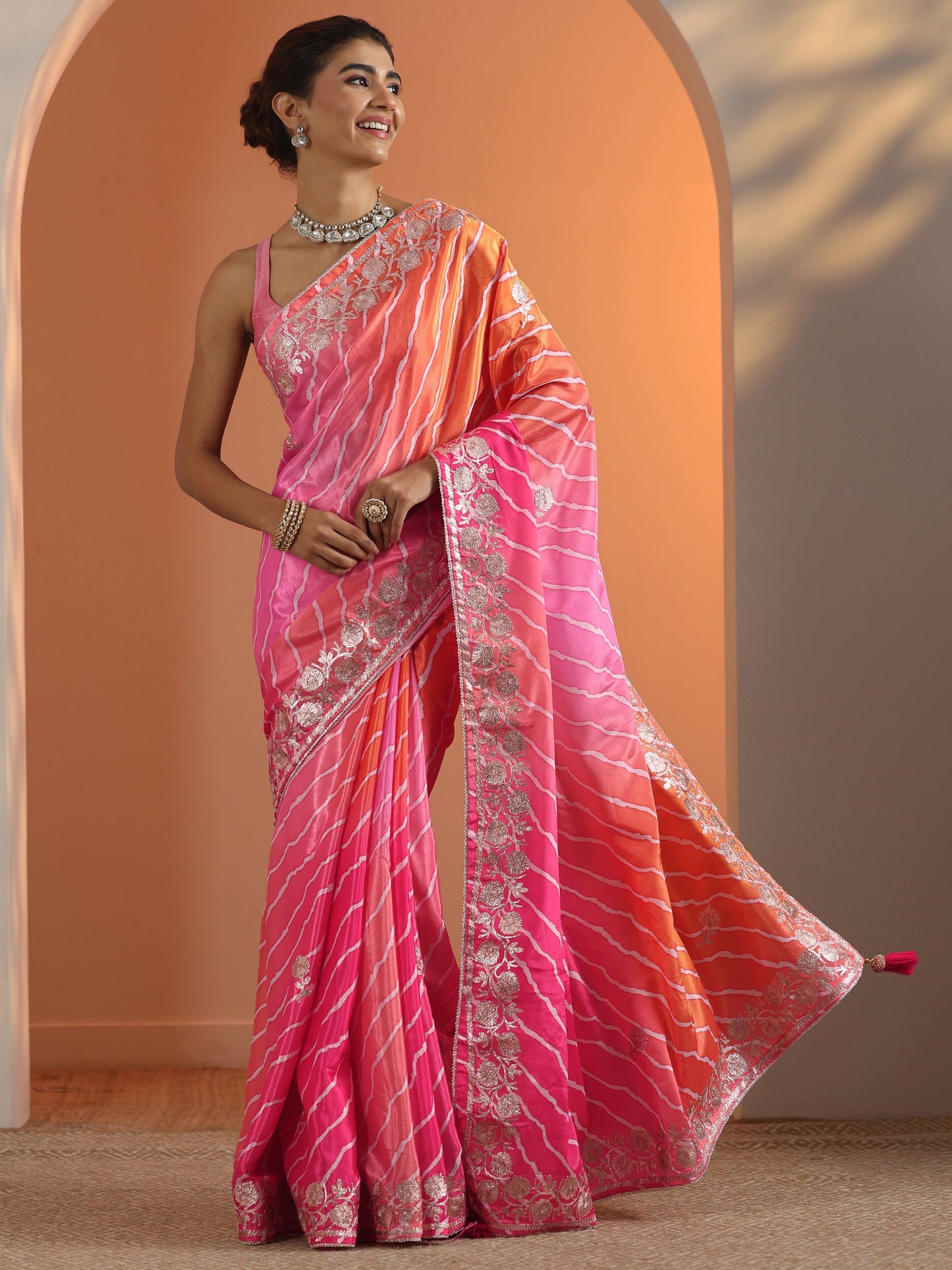 Pink Printed Chinon Saree With Unstitched Blouse Piece